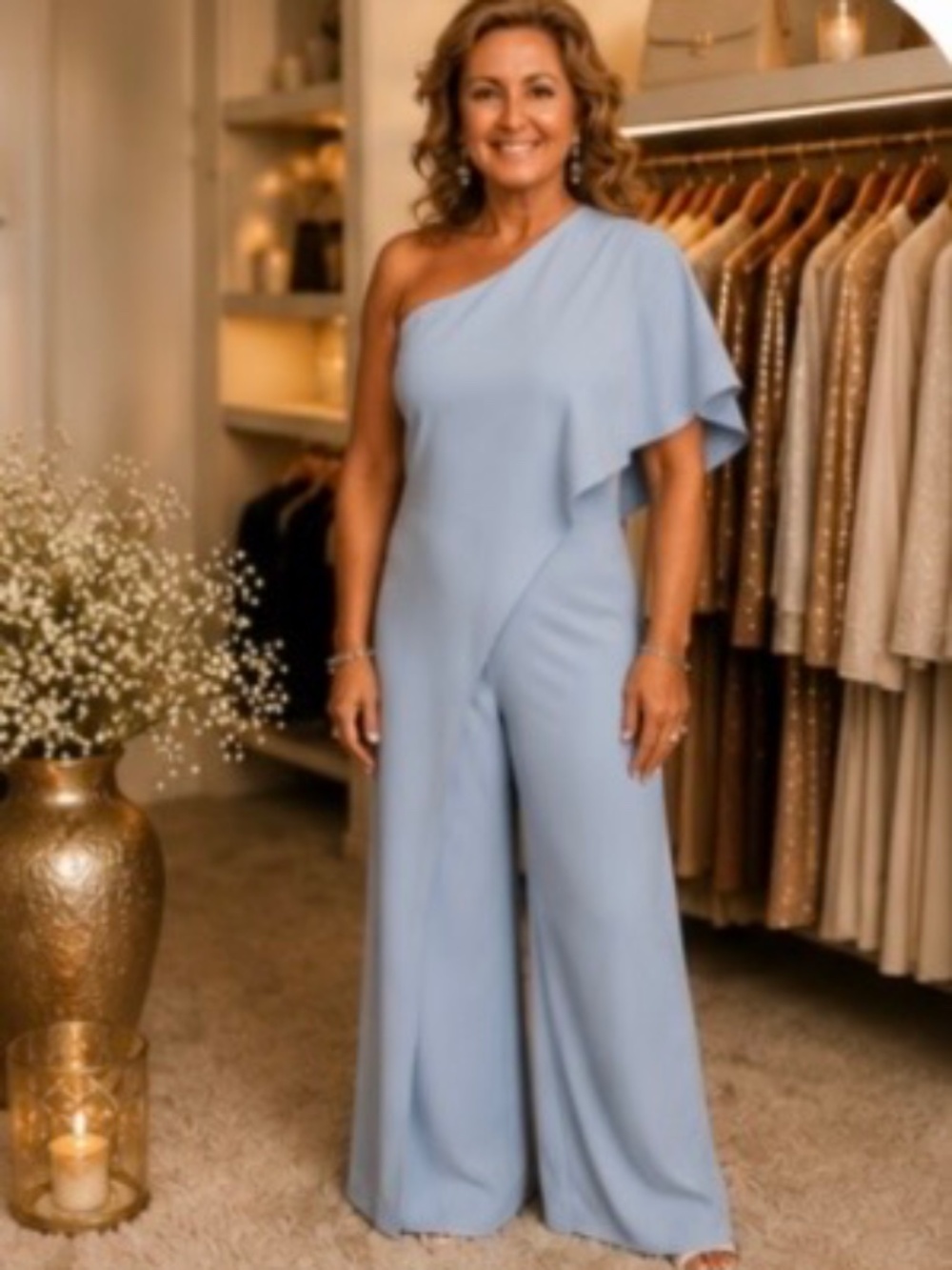 Adrianna Papell Light Blue One-Shoulder Jumpsuit | Size 6 | Elegant Evening Outf